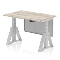 Air Modesty 1200 x 800mm Height Adjustable Office Desk Grey Oak Top Silver Leg With Silver Steel Modesty Panel with Piste Foot