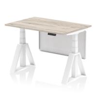 Air Modesty 1200 x 800mm Height Adjustable Office Desk Grey Oak Top White Leg With White Steel Modesty Panel with Piste Foot