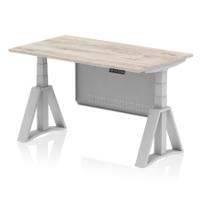 Air Modesty 1400 x 800mm Height Adjustable Office Desk Grey Oak Top Silver Leg With Silver Steel Modesty Panel with Piste Foot