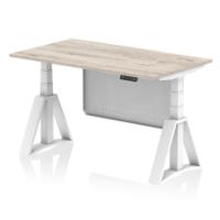 Air Modesty 1400 x 800mm Height Adjustable Office Desk Grey Oak Top White Leg With White Steel Modesty Panel with Piste Foot