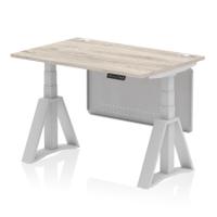 Air Modesty 1200 x 800mm Height Adjustable Office Desk Grey Oak Top Cable Ports Silver Leg With Silver Steel Modesty Panel with Piste Foot