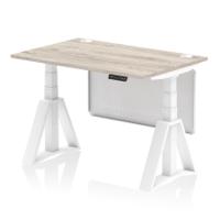 Air Modesty 1200 x 800mm Height Adjustable Office Desk Grey Oak Top Cable Ports White Leg With White Steel Modesty Panel with Piste Foot