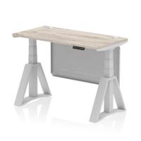 Air Modesty 1200 x 600mm Height Adjustable Office Desk Grey Oak Top Cable Ports Silver Leg With Silver Steel Modesty Panel with Piste Foot