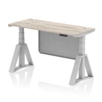 Air Modesty 1400 x 600mm Height Adjustable Office Desk Grey Oak Top Cable Ports Silver Leg With Silver Steel Modesty Panel with Piste Foot