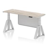 Air Modesty 1600 x 600mm Height Adjustable Office Desk Grey Oak Top Cable Ports Silver Leg With Silver Steel Modesty Panel with Piste Foot