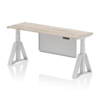 Air Modesty 1800 x 600mm Height Adjustable Office Desk Grey Oak Top Cable Ports Silver Leg With Silver Steel Modesty Panel with Piste Foot