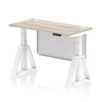 Air Modesty 1200 x 600mm Height Adjustable Office Desk Grey Oak Top Cable Ports White Leg With White Steel Modesty Panel with Piste Foot
