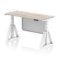 Air Modesty 1400 x 600mm Height Adjustable Office Desk Grey Oak Top Cable Ports White Leg With White Steel Modesty Panel with Piste Foot