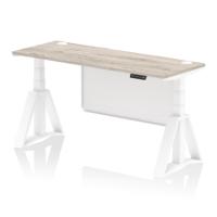 Air Modesty 1600 x 600mm Height Adjustable Office Desk Grey Oak Top Cable Ports White Leg With White Steel Modesty Panel with Piste Foot