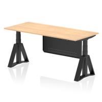 Air Modesty 1800 x 800mm Height Adjustable Office Desk Maple Top Black Leg With Black Steel Modesty Panel with Piste Foot