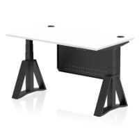 Air Modesty 1400 x 800mm Height Adjustable Office Desk White Top Cable Ports Black Leg With Black Steel Modesty Panel with Piste Foot