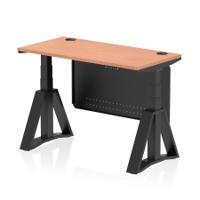 Air Modesty 1200 x 600mm Height Adjustable Office Desk Beech Top Cable Ports Black Leg With Black Steel Modesty Panel with Piste Foot