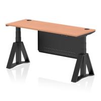 Air Modesty 1600 x 600mm Height Adjustable Office Desk Beech Top Cable Ports Black Leg With Black Steel Modesty Panel with Piste Foot