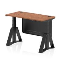 Air Modesty 1200 x 600mm Height Adjustable Office Desk Walnut Top Cable Ports Black Leg With Black Steel Modesty Panel with Piste Foot
