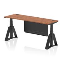 Air Modesty 1800 x 600mm Height Adjustable Office Desk Walnut Top Cable Ports Black Leg With Black Steel Modesty Panel with Piste Foot