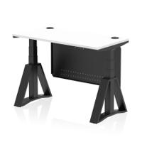 Air Modesty 1200 x 600mm Height Adjustable Office Desk White Top Cable Ports Black Leg With Black Steel Modesty Panel with Piste Foot