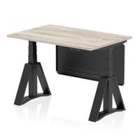Air Modesty 1200 x 800mm Height Adjustable Office Desk Grey Oak Top Black Leg With Black Steel Modesty Panel with Piste Foot