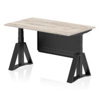 Air Modesty 1400 x 800mm Height Adjustable Office Desk Grey Oak Top Black Leg With Black Steel Modesty Panel with Piste Foot