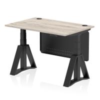 Air Modesty 1200 x 800mm Height Adjustable Office Desk Grey Oak Top Cable Ports Black Leg With Black Steel Modesty Panel with Piste Foot