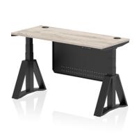 Air Modesty 1400 x 600mm Height Adjustable Office Desk Grey Oak Top Cable Ports Black Leg With Black Steel Modesty Panel with Piste Foot