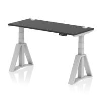 Air 1400 x 600mm Height Adjustable Office Desk Black Top Cable Ports Silver Leg with Piste Foot