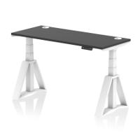 Air 1400 x 600mm Height Adjustable Office Desk Black Top Cable Ports White Leg with Piste Foot