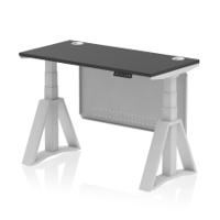 Air Modesty 1200 x 600mm Height Adjustable Office Desk Black Top Cable Ports Silver Leg With Silver Steel Modesty Panel with Piste Foot