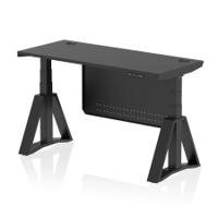 Air Modesty 1400 x 600mm Height Adjustable Office Desk Black Top Cable Ports Black Leg With Black Steel Modesty Panel with Piste Foot