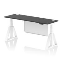 Air Modesty 1800 x 600mm Height Adjustable Office Desk Black Top Cable Ports White Leg With White Steel Modesty Panel with Piste Foot