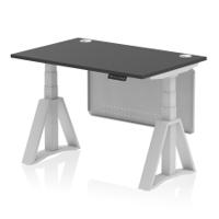 Air Modesty 1200 x 800mm Height Adjustable Office Desk Black Top Cable Ports Silver Leg With Silver Steel Modesty Panel with Piste Foot