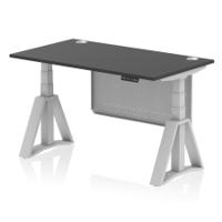 Air Modesty 1400 x 800mm Height Adjustable Office Desk Black Top Cable Ports Silver Leg With Silver Steel Modesty Panel with Piste Foot