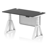 Air Modesty 1400 x 800mm Height Adjustable Office Desk Black Top Cable Ports White Leg With White Steel Modesty Panel with Piste Foot