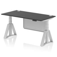 Air Modesty 1600 x 800mm Height Adjustable Office Desk Black Top Cable Ports Silver Leg With Silver Steel Modesty Panel with Piste Foot