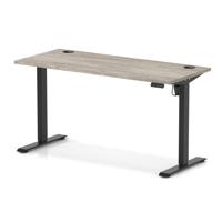 Air Lite 1400 x 600mm Height Adjustable Office Desk Grey Oak Top Cable Ports Black Leg