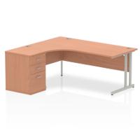 Dynamic Impulse 1800mm Left Crescent Desk Beech Top Silver Cantilever Leg Workstation 600mm Deep Desk High Pedestal Bundle I000541