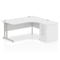 Dynamic Impulse 1600mm Right Crescent Desk White Top Silver Cantilever Leg Workstation 600mm Deep Desk High Pedestal Bundle I000550