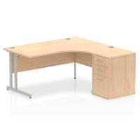 Dynamic Impulse 1600mm Right Crescent Desk Maple Top Silver Cantilever Leg Workstation 600mm Deep Desk High Pedestal Bundle I000552