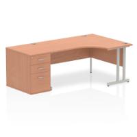 Dynamic Impulse 1600mm Right Crescent Desk Beech Top Silver Cantilever Leg Workstation 800mm Deep Desk High Pedestal Bundle I000573