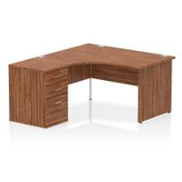 Impulse 1400mm Left Crescent Office Desk Walnut Top Panel End Leg Workstation 600 Deep Desk High Pedestal