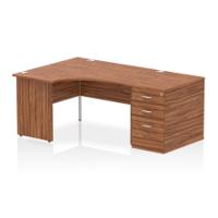Impulse 1400mm Left Crescent Office Desk Walnut Top Panel End Leg Workstation 800 Deep Desk High Pedestal