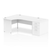 Dynamic Impulse 1600mm Left Crescent Desk White Top Panel End Leg Workstation 800mm Deep Desk High Pedestal Bundle I000610