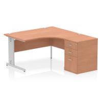 Impulse 1400mm Right Crescent Office Desk Beech Top Silver Cable Managed Leg Workstation 600 Deep Desk High Pedestal