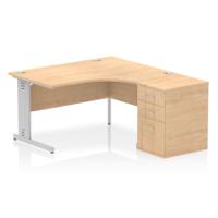 Impulse 1400mm Right Crescent Office Desk Maple Top Silver Cable Managed Leg Workstation 600 Deep Desk High Pedestal