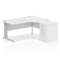 Dynamic Impulse 1600mm Right Crescent Desk White Top Silver Cable Managed Leg Workstation 600mm Deep Desk High Pedestal Bundle I000646