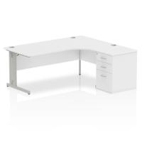Dynamic Impulse 1800mm Right Crescent Desk White Top Silver Cable Managed Leg Workstation 600mm Deep Desk High Pedestal Bundle I000650