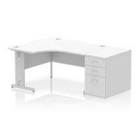 Impulse 1400mm Left Crescent Office Desk White Top Silver Cable Managed Leg Workstation 800 Deep Desk High Pedestal