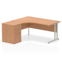 Dynamic Impulse 1600mm Left Crescent Desk Oak Top Silver Cantilever Leg Workstation 600mm Deep Desk High Pedestal Bundle I000868