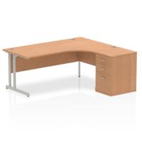 Dynamic Impulse 1800mm Right Crescent Desk Oak Top Silver Cantilever Leg Workstation 600mm Deep Desk High Pedestal Bundle I000872