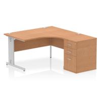 Impulse 1400mm Right Crescent Office Desk Oak Top Silver Cable Managed Leg Workstation 600 Deep Desk High Pedestal