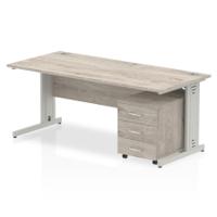 Dynamic Impulse 1800mm x 800mm Straight Desk Grey Oak Top Silver Cable Managed Leg with 3 Drawer Mobile Pedestal I003217